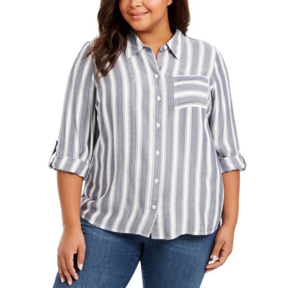 Style & Co Stripe Utility Pocket Button Down Shirt Women's Plus Size 0X Blue